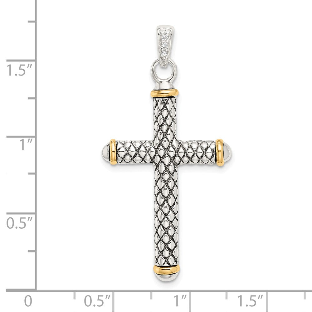 Million Charms Sterling Silver With 14K White Topaz On Bail Antiqued Relgious Cross Pendant