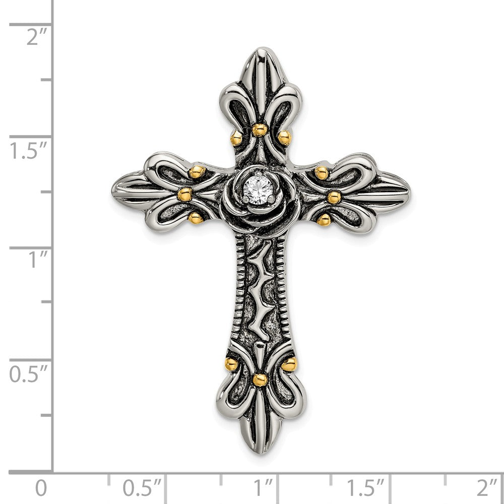 Million Charms 925 Sterling Silver Gold-Plated (Cubic Zirconia) CZ Antiqued Relgious Cross Slide