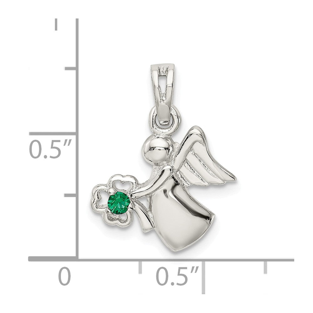 Million Charms 925 Sterling Silver Green Crystal Angel With Lucky Clover Pendant
