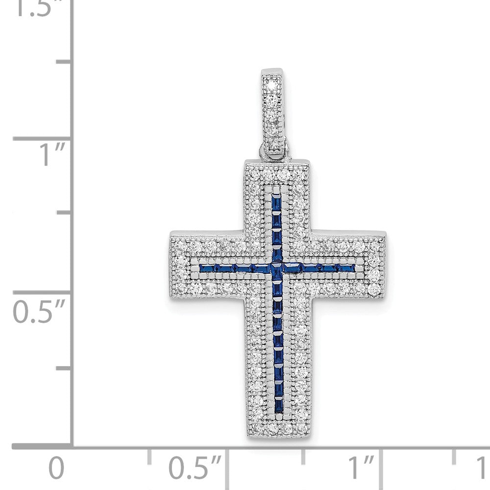 Million Charms 925 Sterling Silver Rhodium-Plated (Cubic Zirconia) CZ & Synthetic Blue Spinel Relgious Cross Pendant