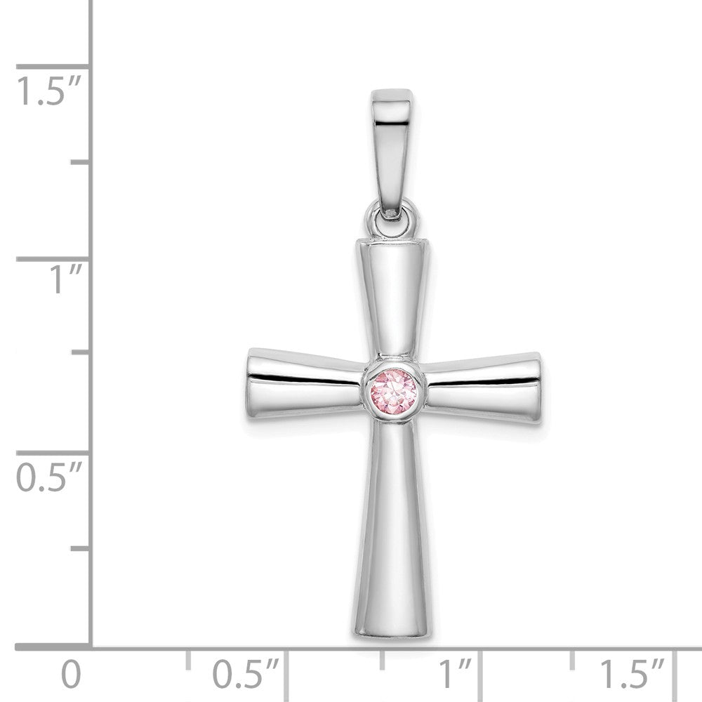 Million Charms 925 Sterling Silver Rhodium-Plated Pink (Cubic Zirconia) CZ Relgious Cross Pendant
