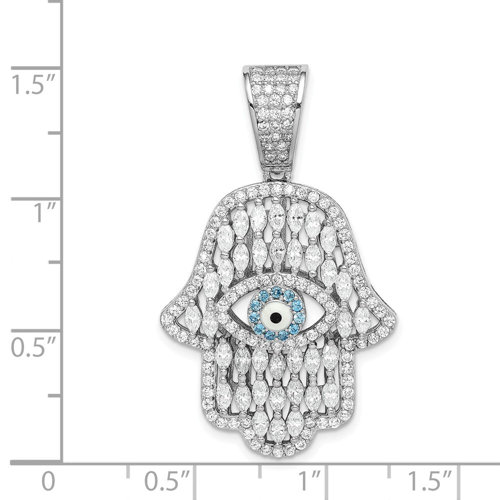 Million Charms 925 Sterling Silver Rhodium-Plated White & Blue (Cubic Zirconia) CZ Hamsa Eye Pendant