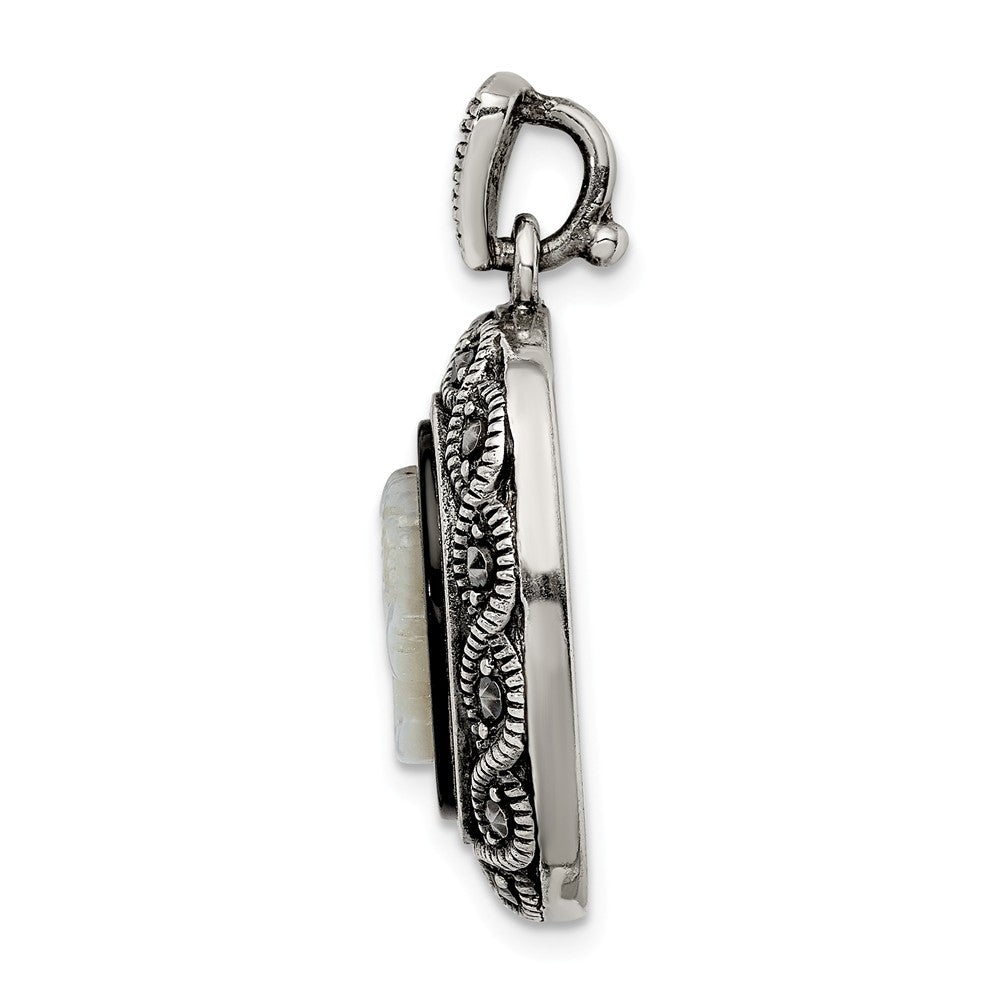 Million Charms 925 Sterling Silver Antiqued Marcasite, Mop & Black Agate Cameo Pendant