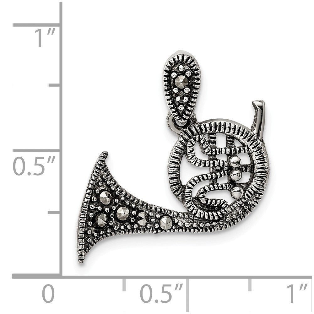 Million Charms 925 Sterling Silver Antiqued Marcasite French Horn Pendant
