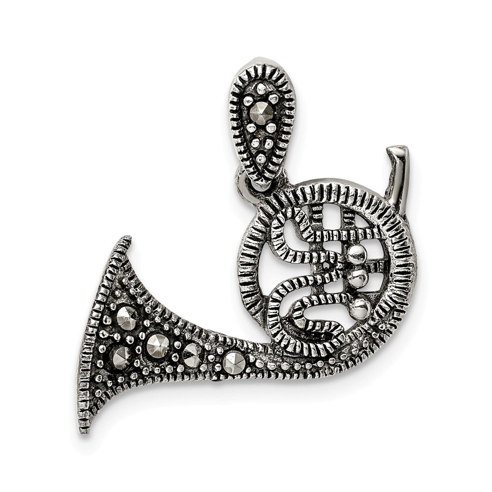 Million Charms 925 Sterling Silver Antiqued Marcasite French Horn Pendant