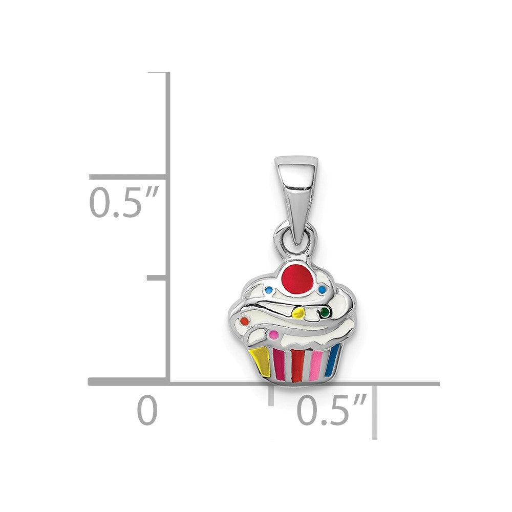 Million Charms 925 Sterling Silver Rhodium-Plated Childs Enameled Cupcake Pendant