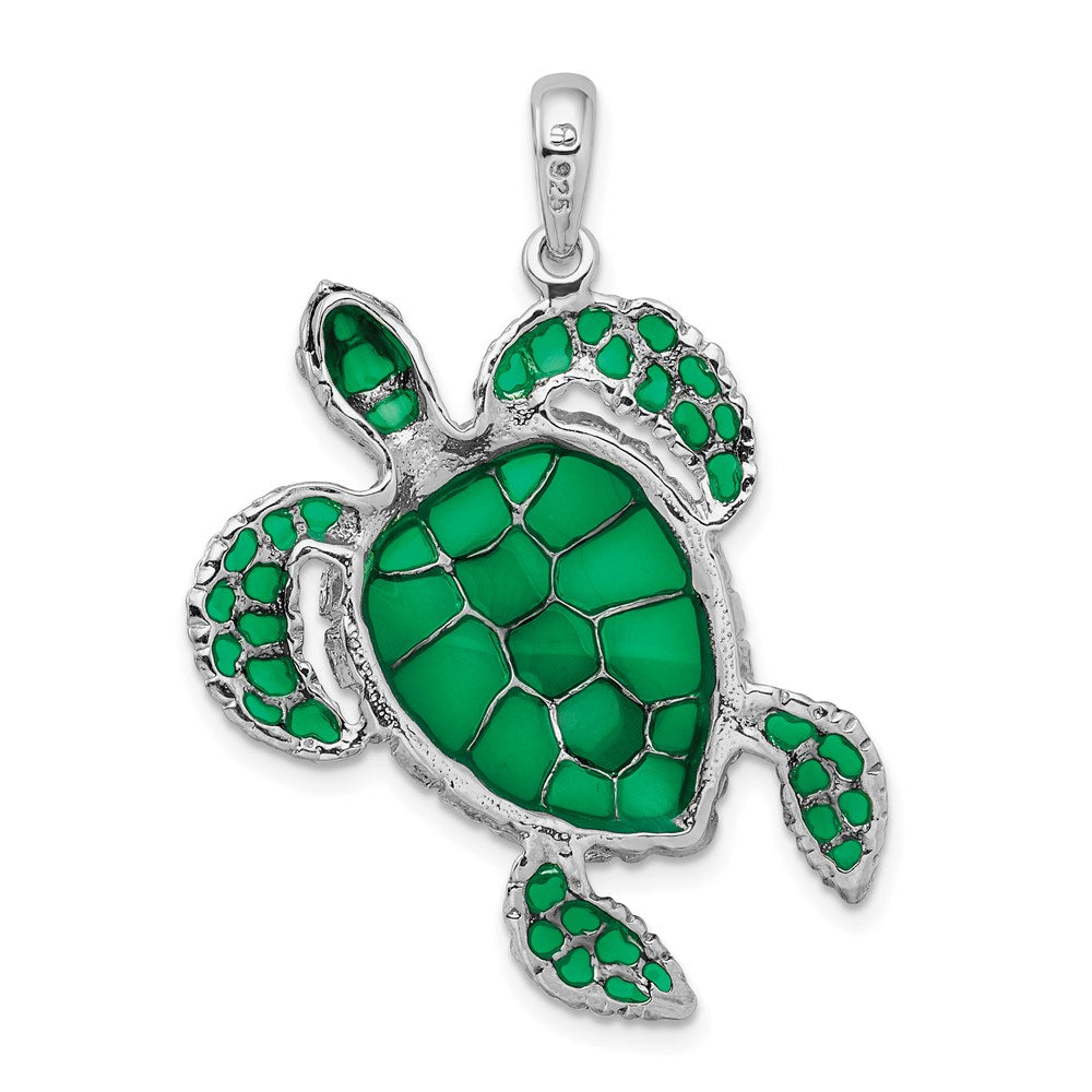 Million Charms 925 Sterling Silver Nautical Sea Life Charm Pendant, Swimming Sea Turtle with Green Stained Glass Shell