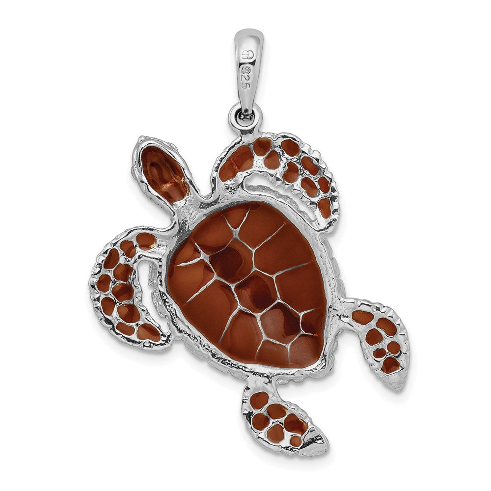 Million Charms 925 Sterling Silver Nautical Sea Life Charm Pendant, Swimming Sea Turtle with Brown Stained Glass Shell