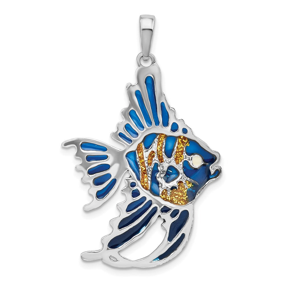 Million Charms 925 Sterling Silver Sea Life Nautical Charm Pendant, Angelfish with Blue Stained Glass & Gold Enamel