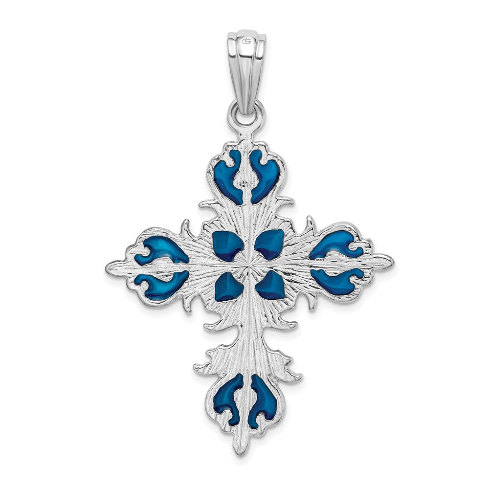 Million Charms 925 Sterling Silver Religious Charm Pendant, Large Cross with Blue Stained Glass Enamel & Fleur-De-Lis Tips