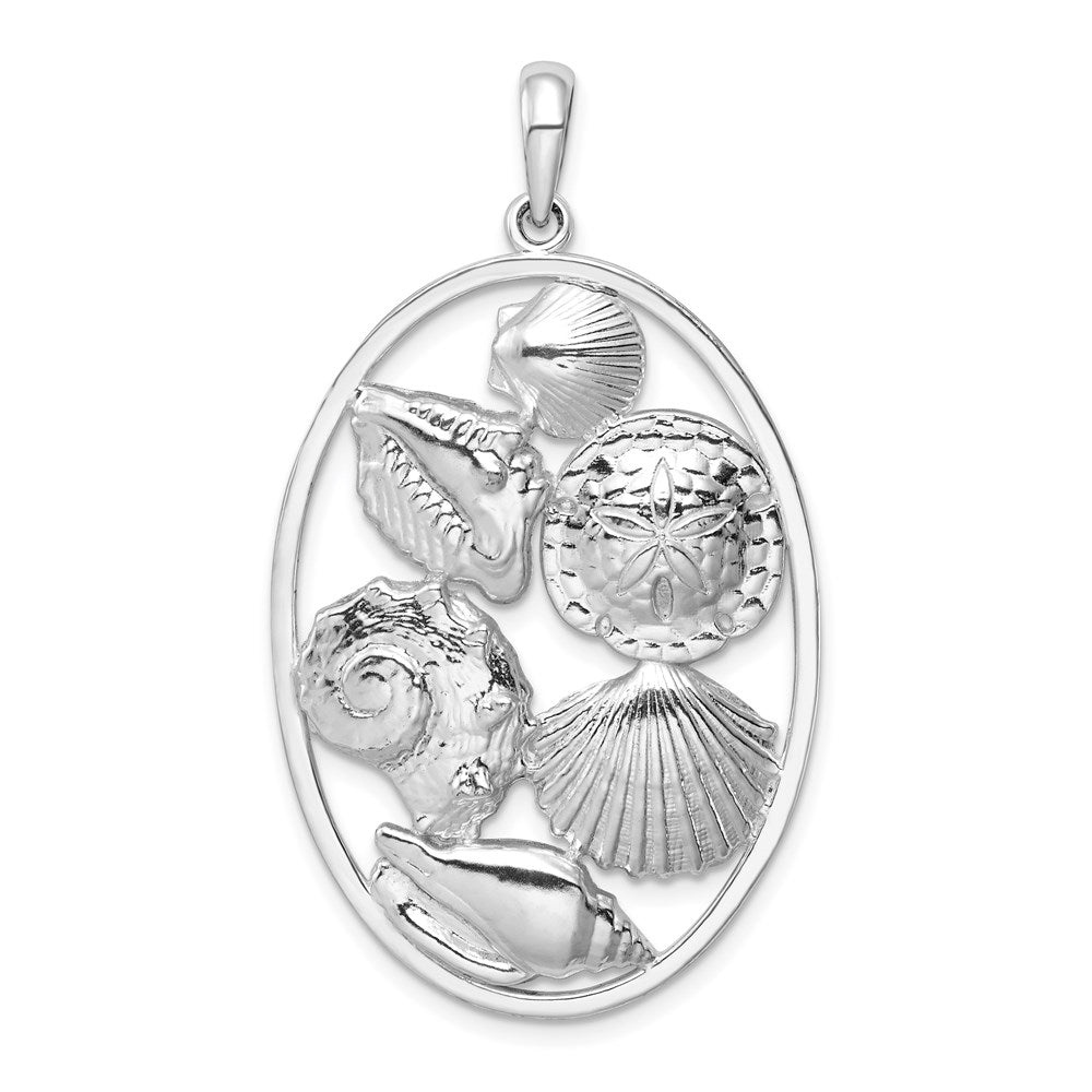 Million Charms 925 Sterling Silver Nautical Sea Life Charm Pendant, Shell Cluster In Oval Frame