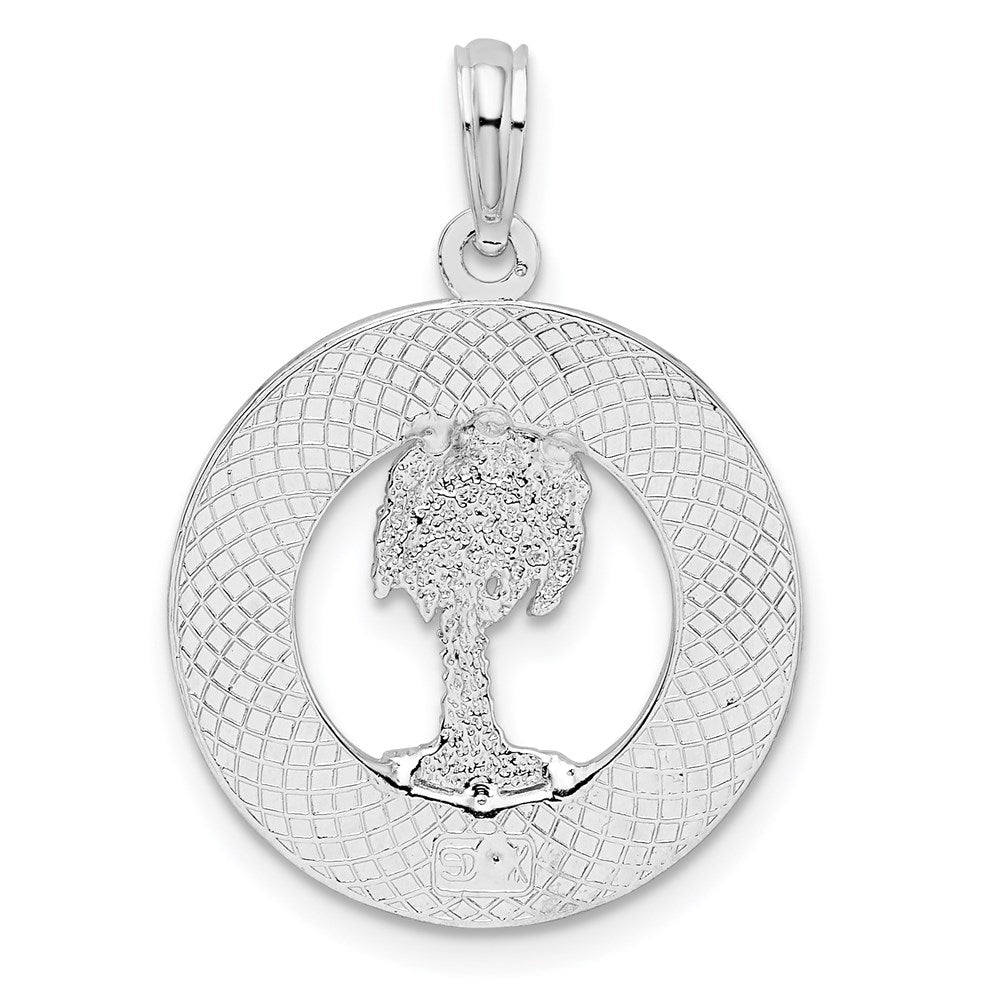 Million Charms 925 Sterling Silver Travel Charm Pendant, Siesta Key, FL On Round Frame with Palm Tree Center