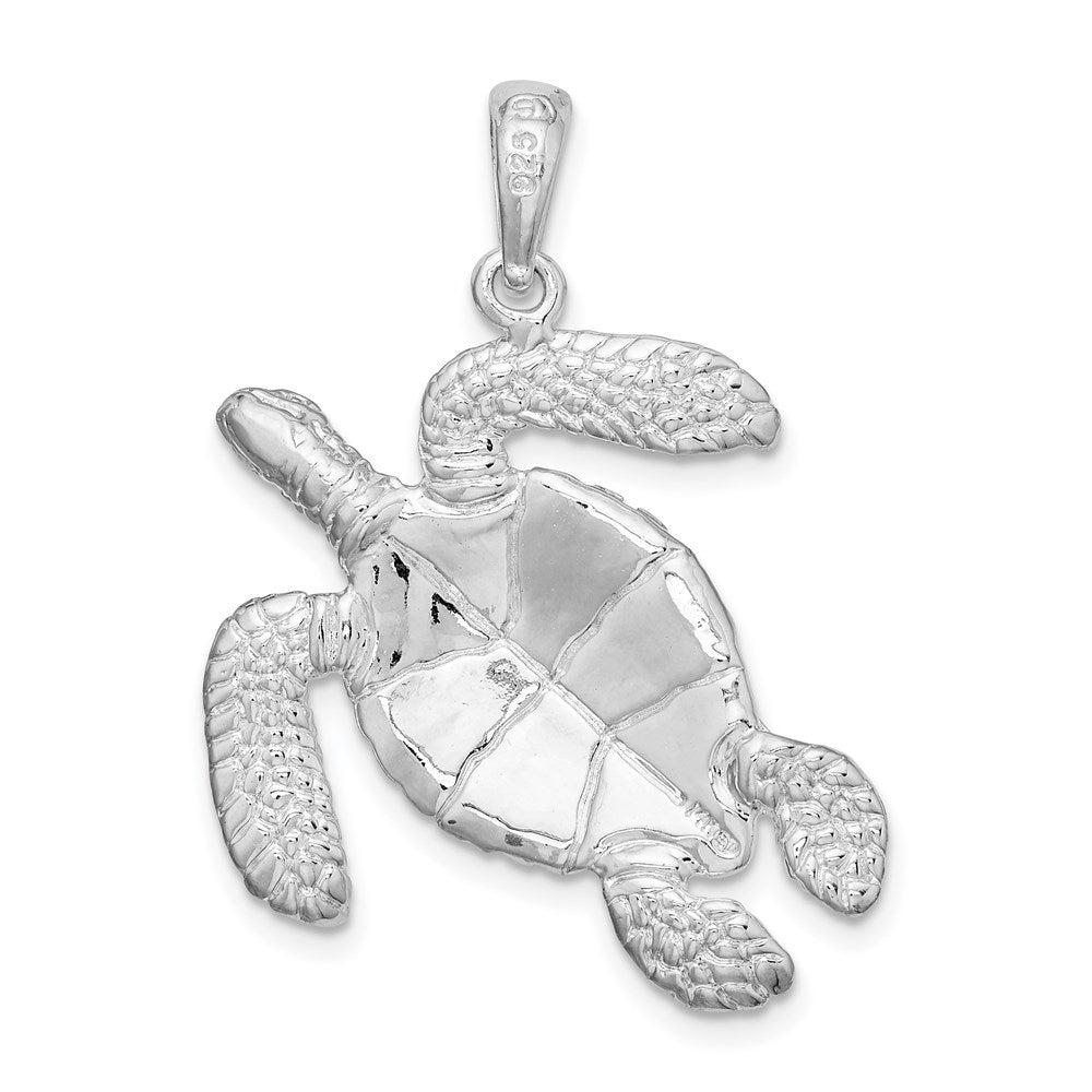 Million Charms 925 Sterling Silver Animal Charm Pendant, Large Swimming Sea Turtle, High Polish & Textured