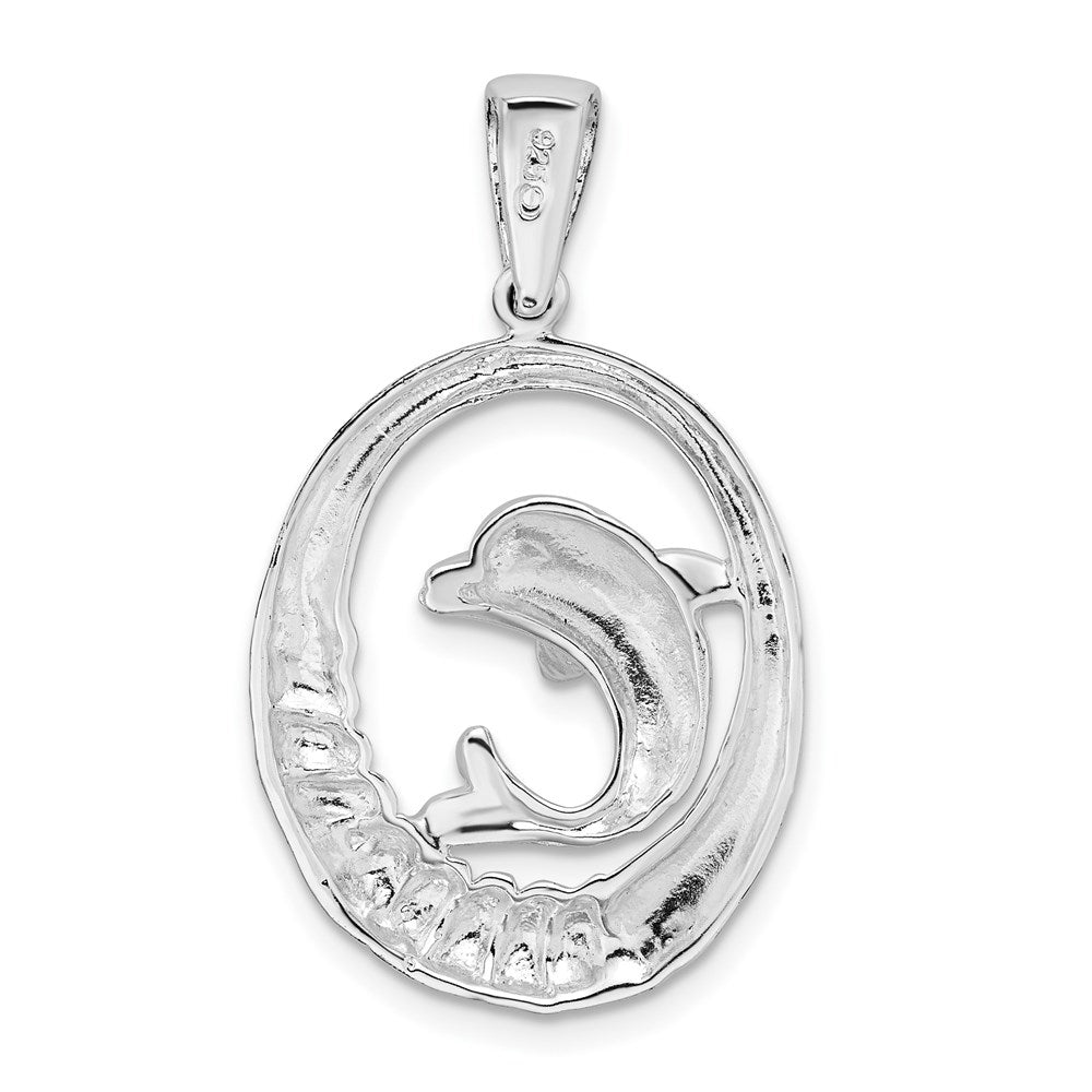 Million Charms 925 Sterling Silver Nautical Sea Life Charm Pendant, Dolphin Sitting In Round Frame, High Polish & Textured