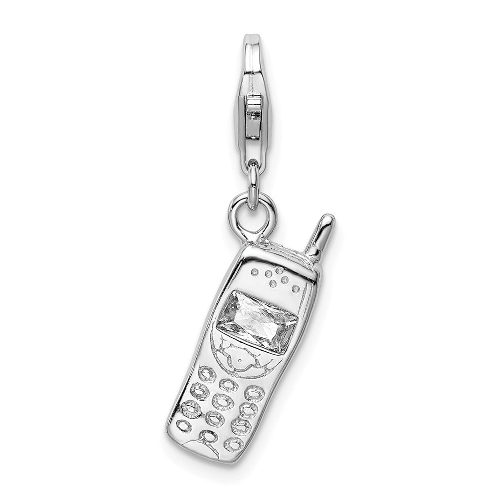Million Charms 925 Sterling Silver Rhodium-Plated Polished Cell Phone With (Cubic Zirconia) CZ Lobster Clasp Charm