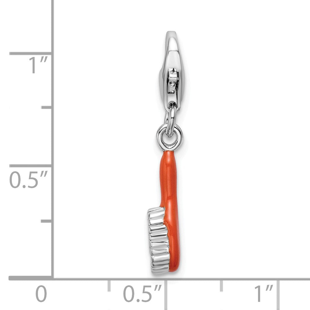 Million Charms 925 Sterling Silver With Rhodium-Plated Orange Enameled Hair Brush With Lobster Clasp Charm