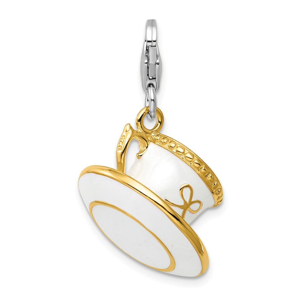 Million Charms 925 Sterling Silver Gld-Pltd White Enamel Cup/Saucer With Lobster Charm