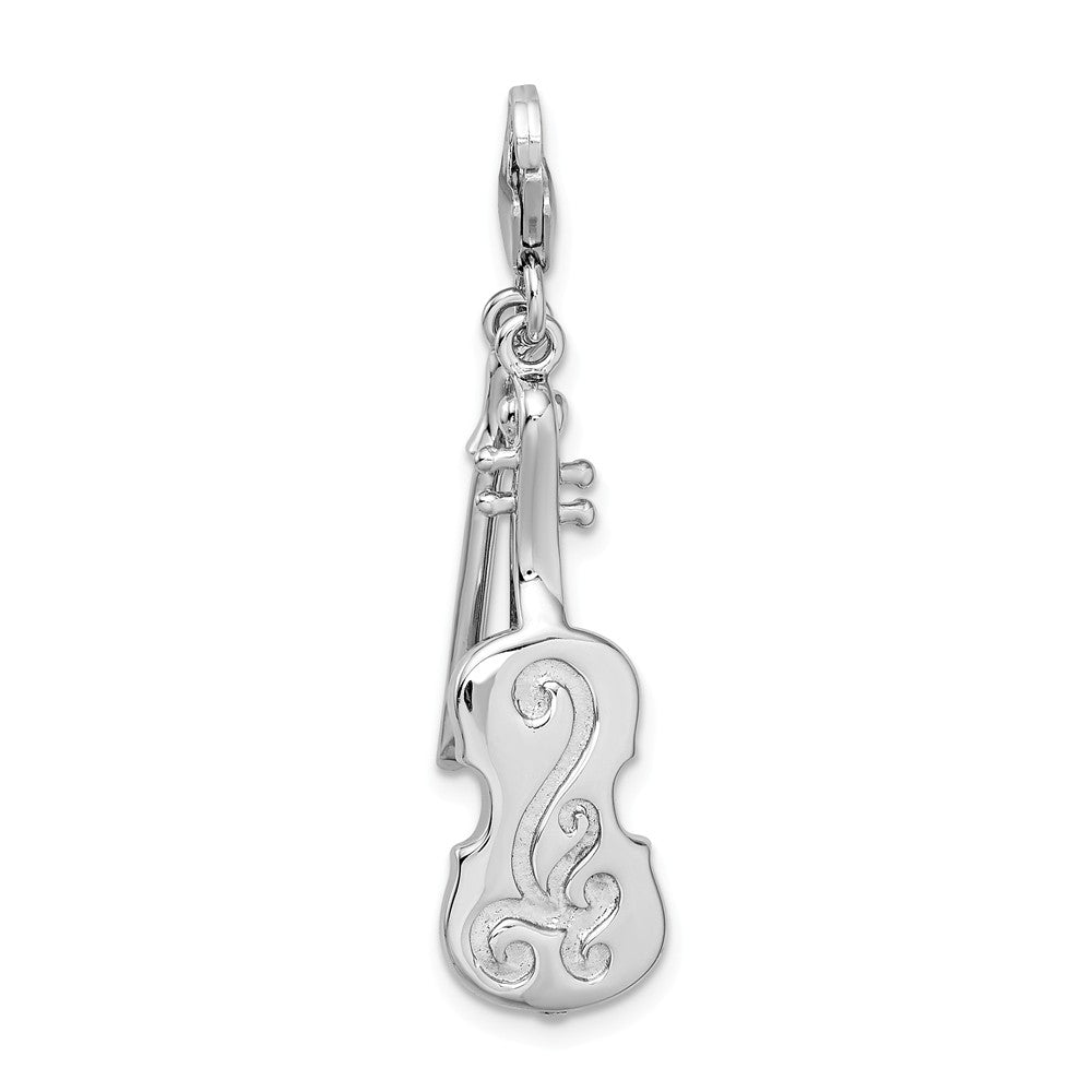Million Charms 925 Sterling Silver With Rhodium-Plated 3-D Violin, Antiqued Bow With Lobster Clasp Charm