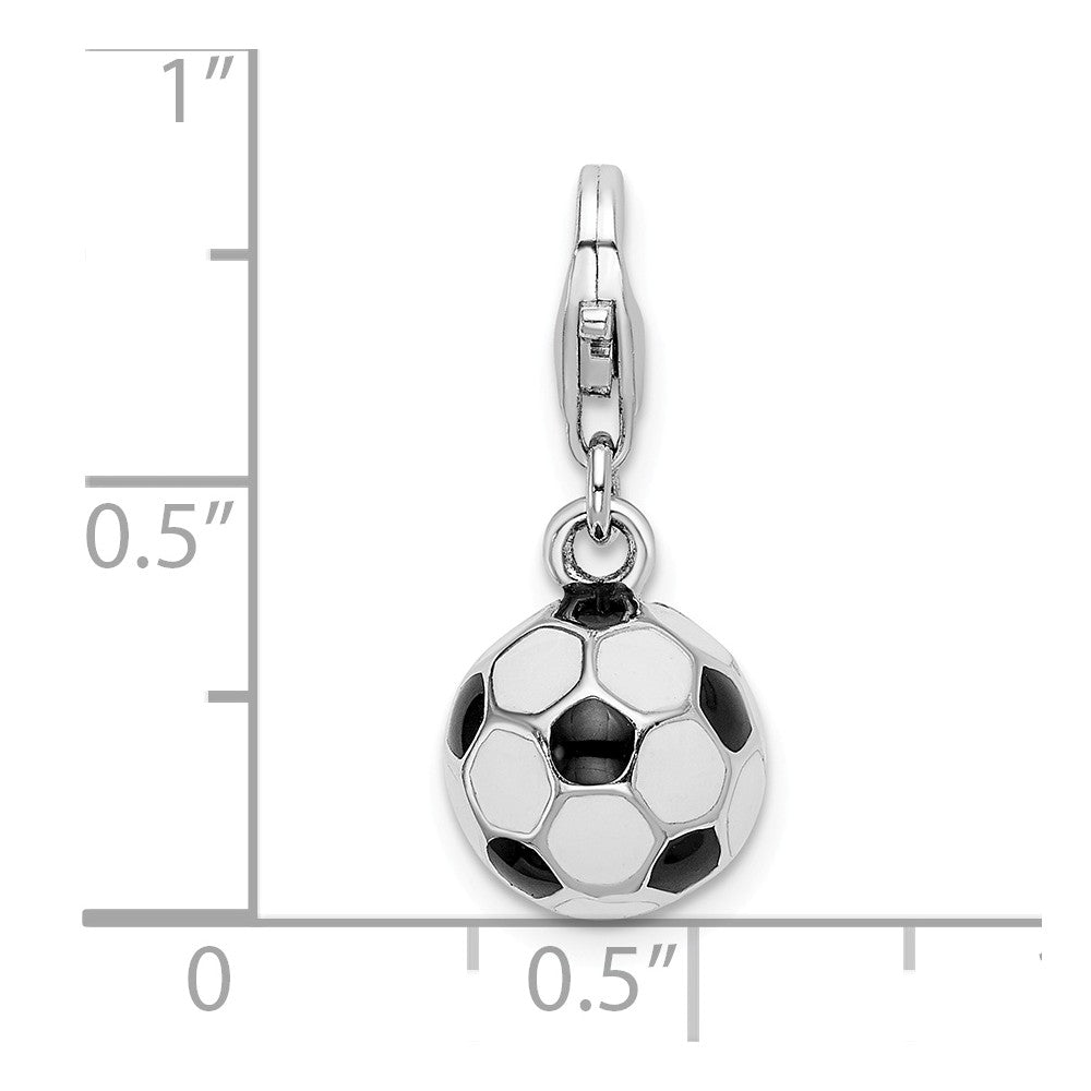 Million Charms 925 Sterling Silver Rhodium-Plated 3-D Enamel Sports Soccer Ball With Lobster Clasp Charm