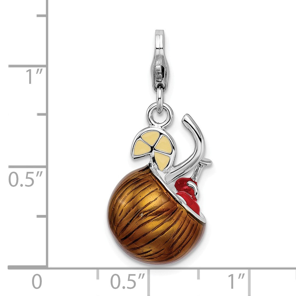 Million Charms 925 Sterling Silver Rhodium-Plated 3-D Enameled Pina Colada With Lobster Clasp Charm