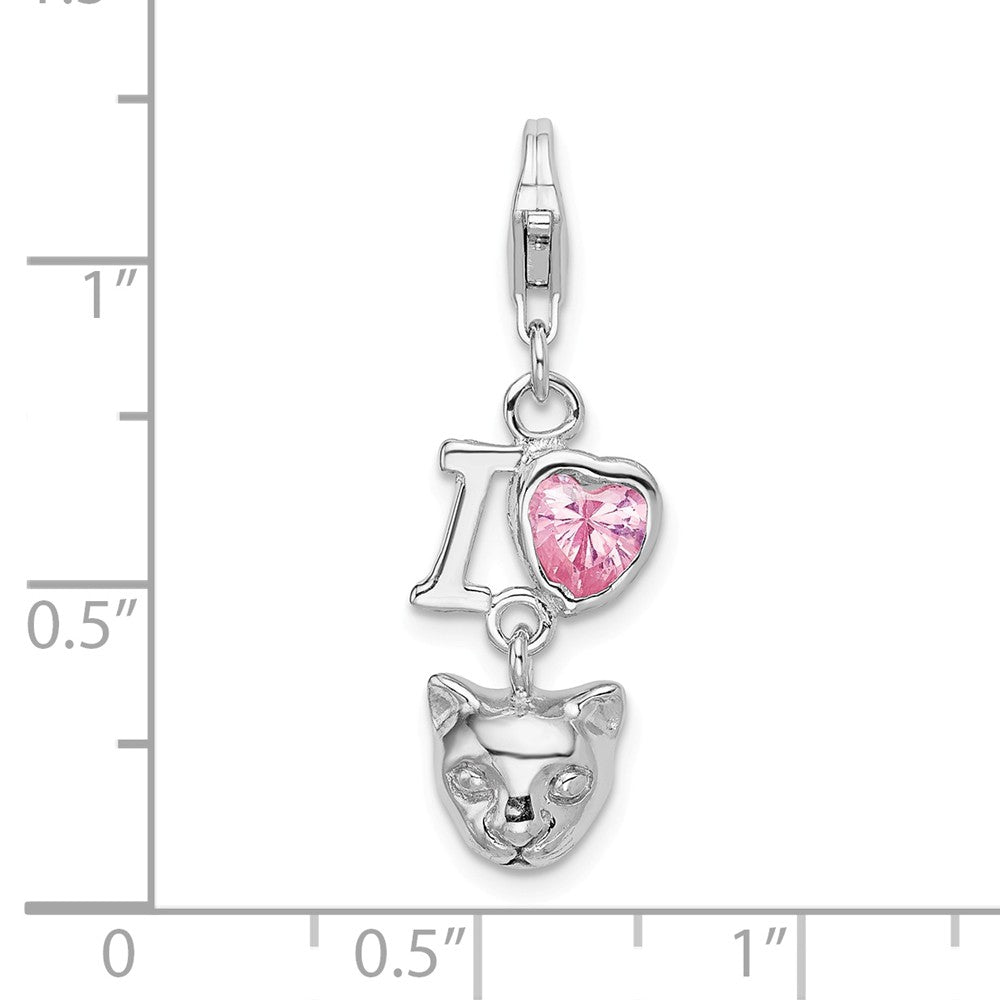 Million Charms 925 Sterling Silver Rhodium-Plated (Cubic Zirconia) CZ I Love Cats With Lobster Clasp Charm