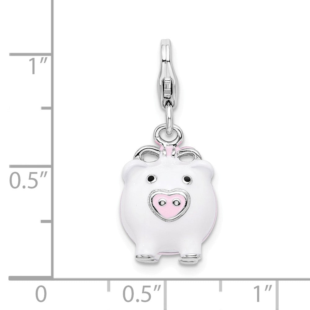 Million Charms 925 Sterling Silver Rhodium-Plated 3-D Enameled Pig With Lobster Clasp Charm