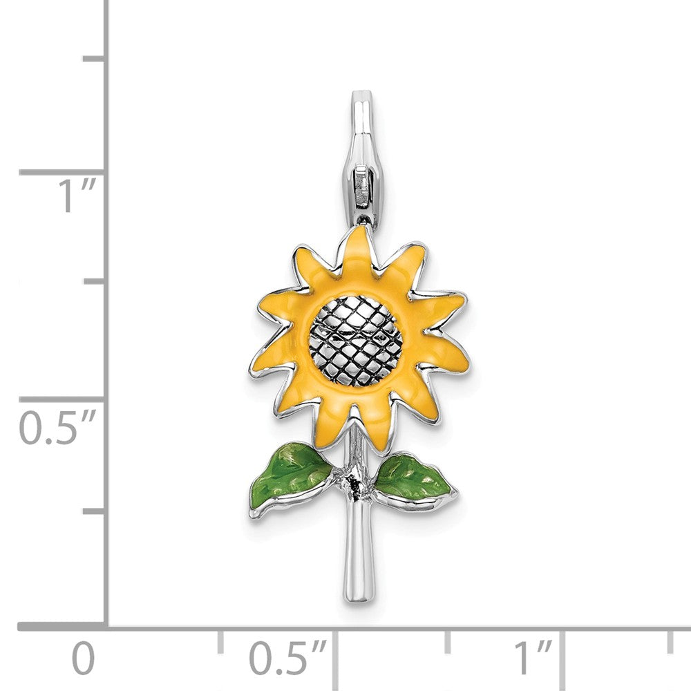 Million Charms 925 Sterling Silver Rhodium-Plated 3-D Enameled Sunflower With Lobster Clasp Charm