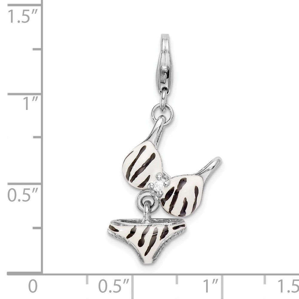 Million Charms 925 Sterling Silver Rhodium-Plated (Cubic Zirconia) CZ Polished Enamel Zebra Bikini Pendant