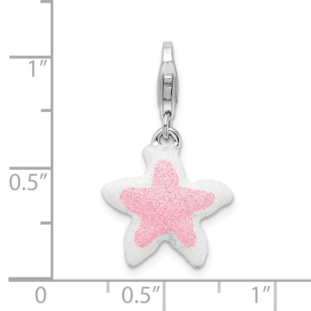 Million Charms 925 Sterling Silver With Rhodium-Plated Enameled Pink Sparkle Nautical Starfish With Lobster Clasp Charm
