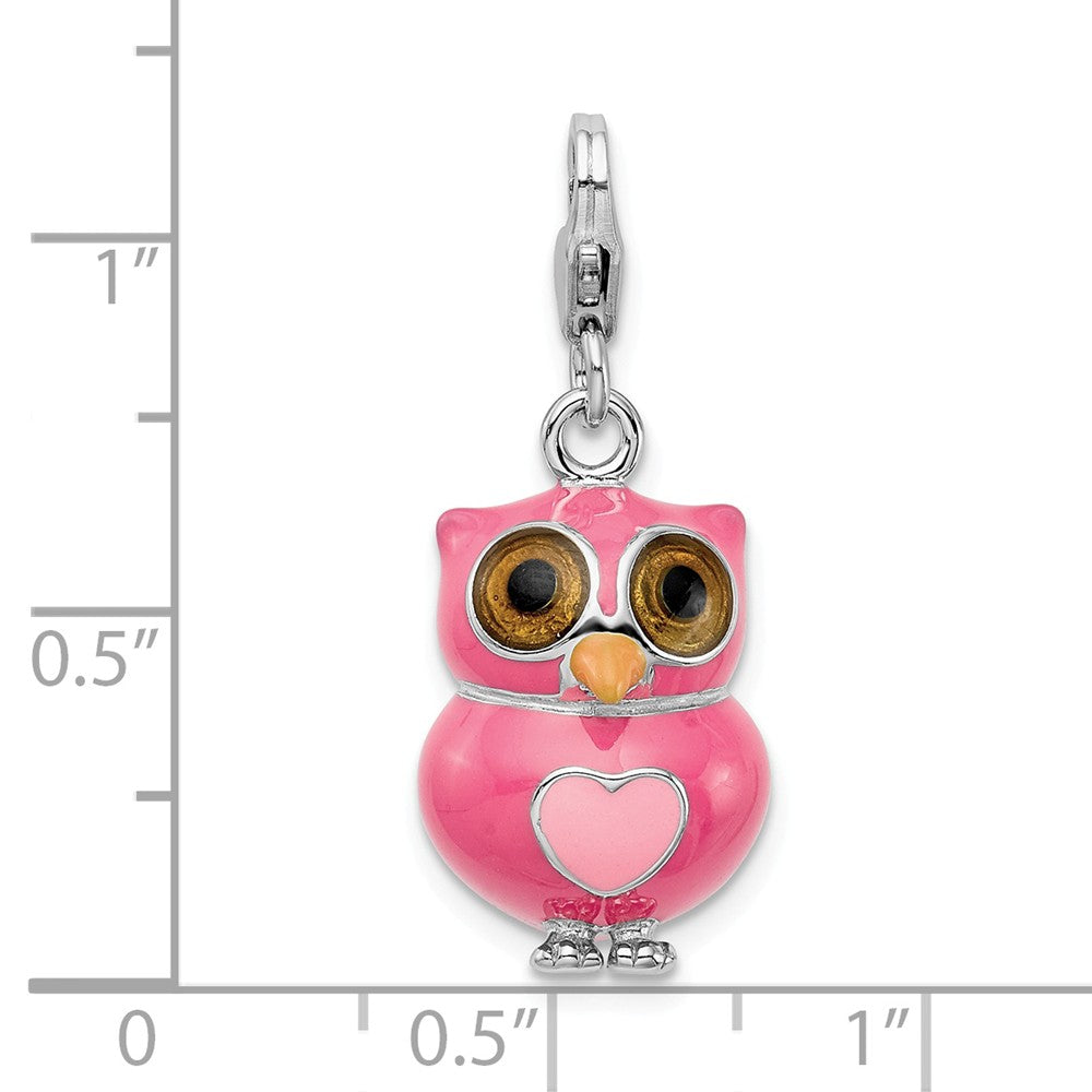 Million Charms 925 Sterling Silver Rhodium-Plated Enameled 3-D Heart Owl With Lobster Clasp Charm