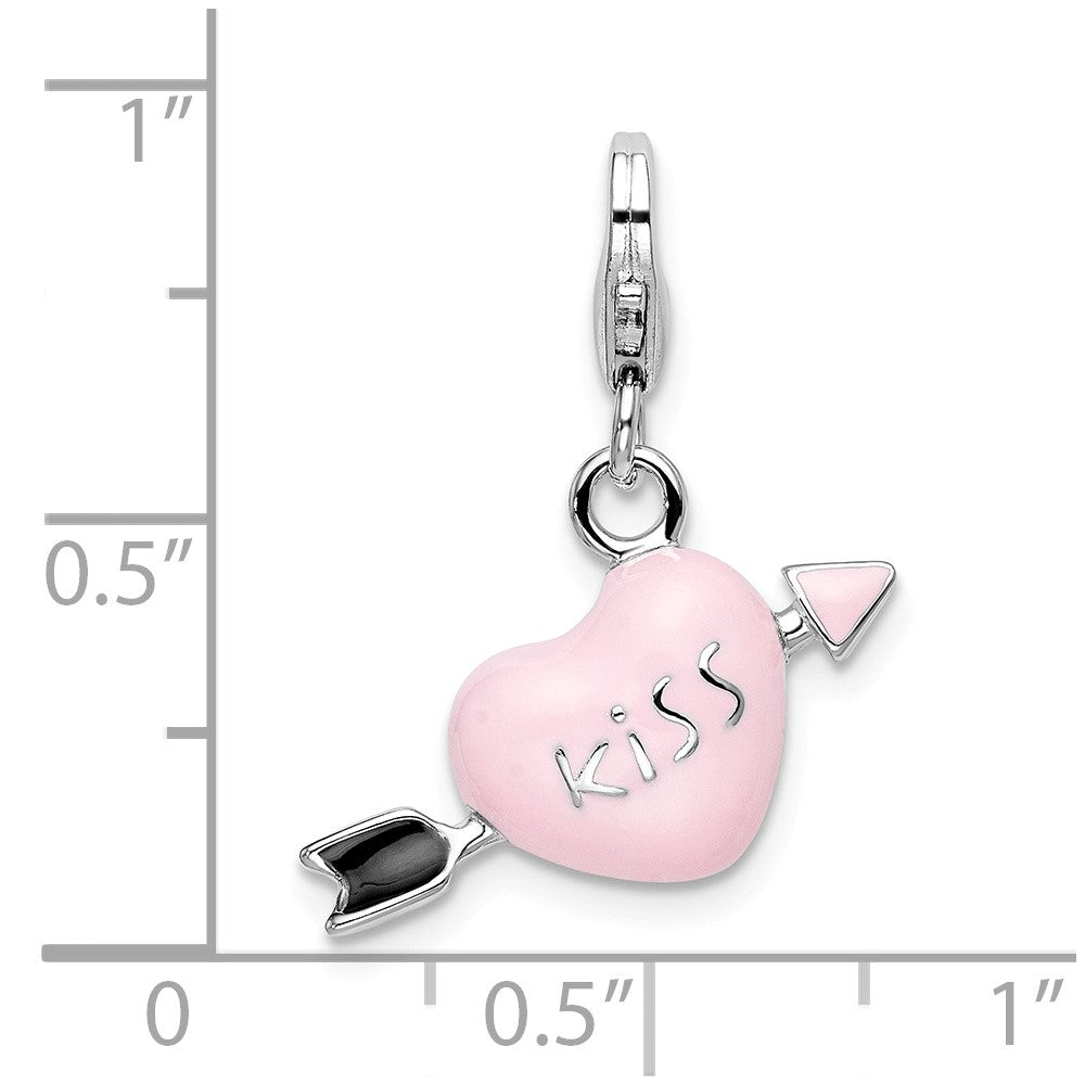 Million Charms 925 Sterling Silver With Rhodium-Plated Enameled 3-D Kiss Cupid Heart With Lobster Clasp Charm