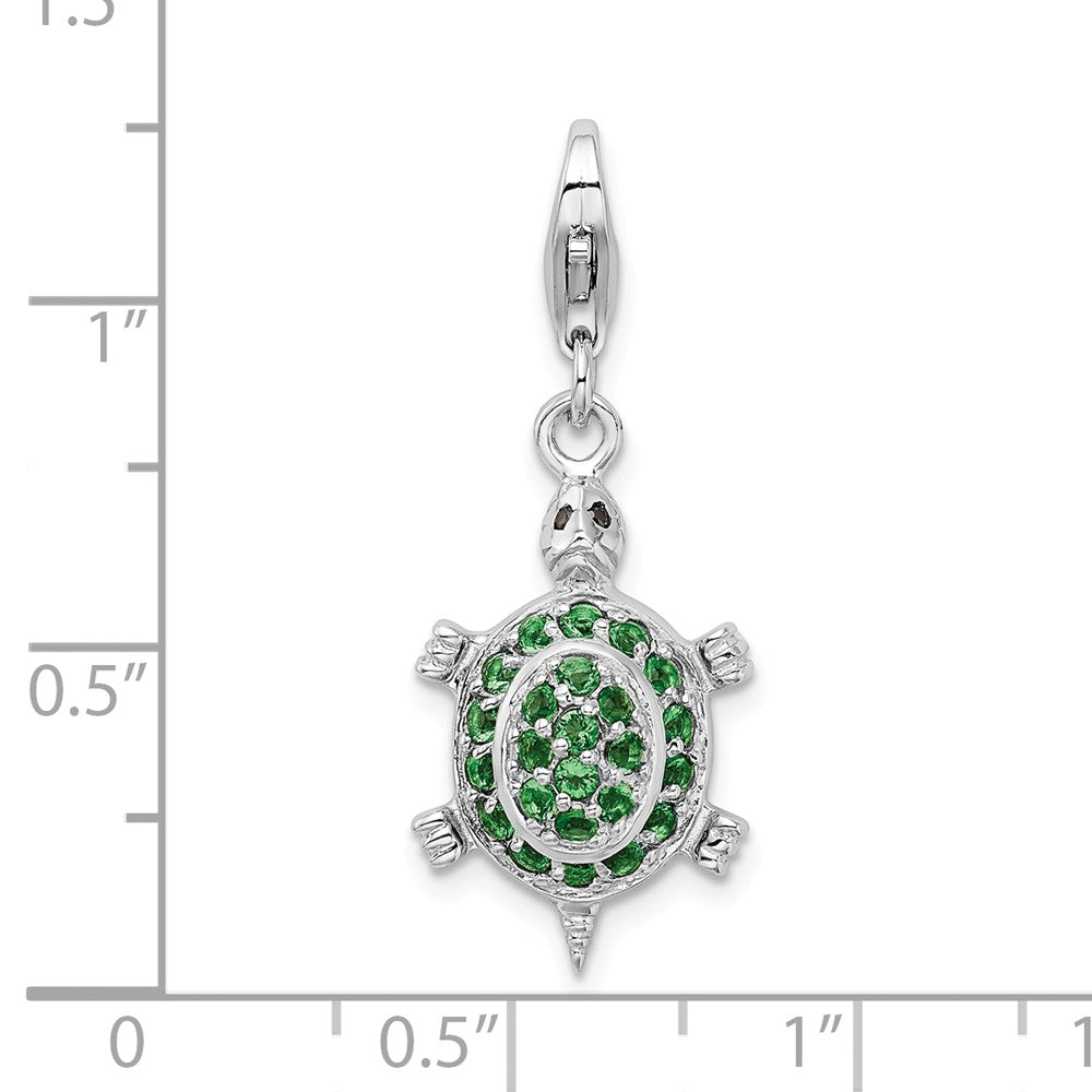 Million Charms 925 Sterling Silver Rhodium-plated Plated (Cubic Zirconia) CZ Green Turtle With Lobster Clasp Charm