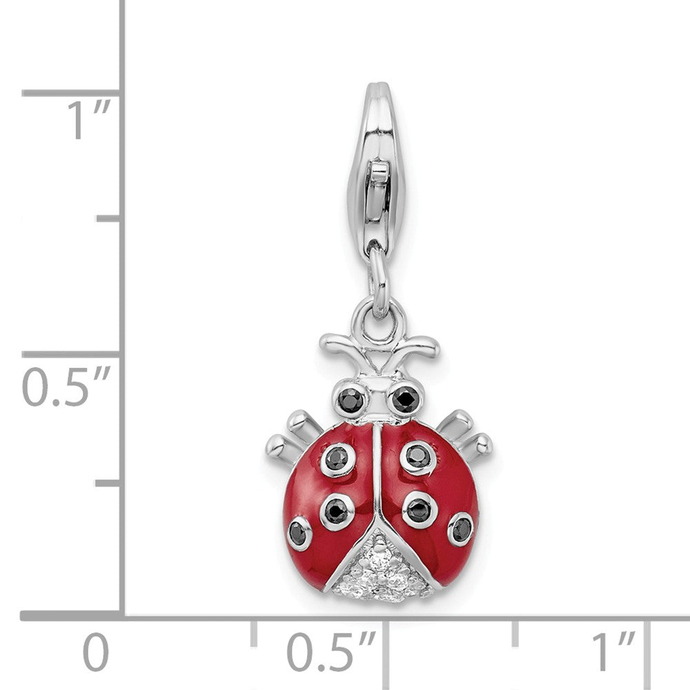 Million Charms 925 Sterling Silver (Cubic Zirconia) CZ Rhodium-plated Plated 3-D Enameled Lady Bug With Lobster Clasp Cha