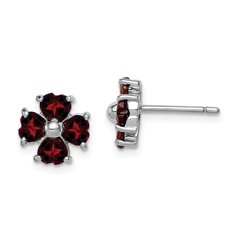 925 Sterling Silver Rhodium Garnet Flower Post Earrings, 9mm x 9mm