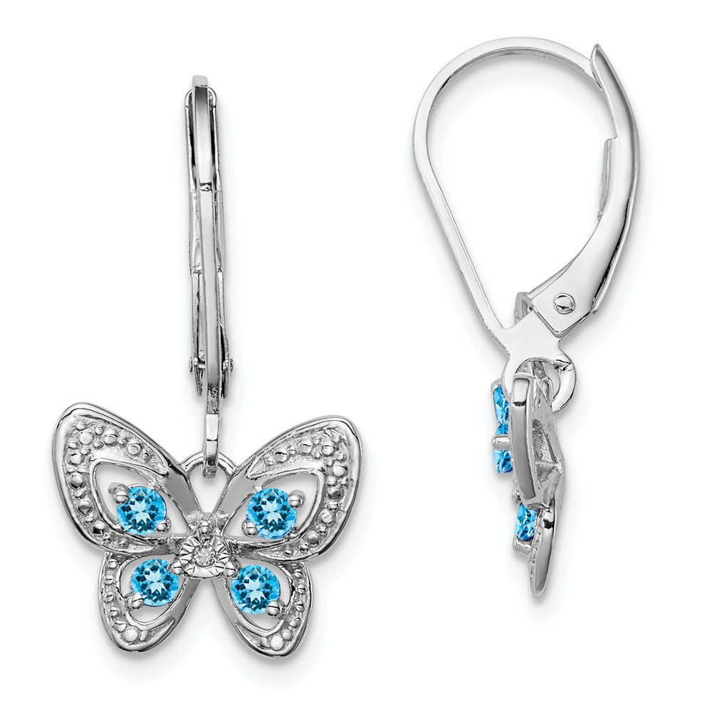 925 Sterling Silver Rhodium-plated Blue Topaz & Diamond Earrings, 24mm x 13mm