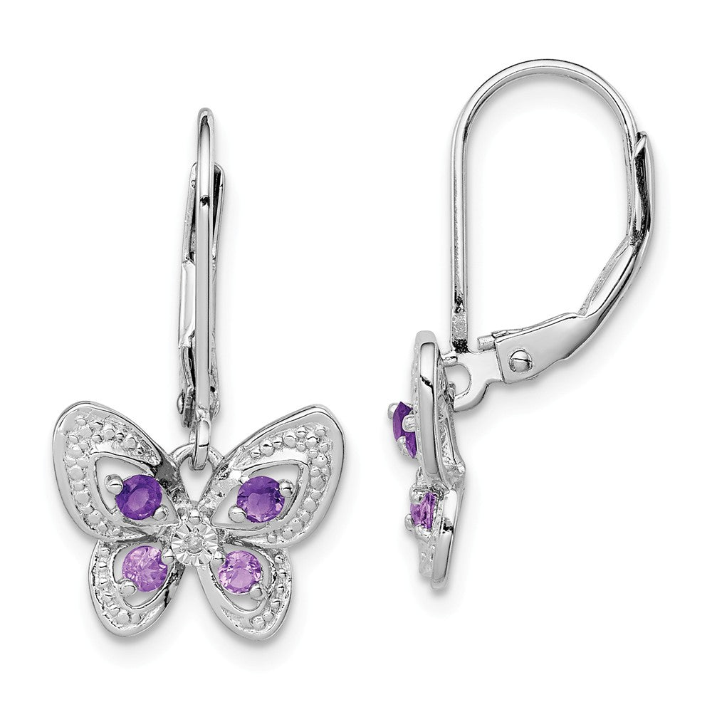 925 Sterling Silver Rhodium Amethyst & Pink Quartz & Diamond Butterfly Earrings, 24mm x 13mm