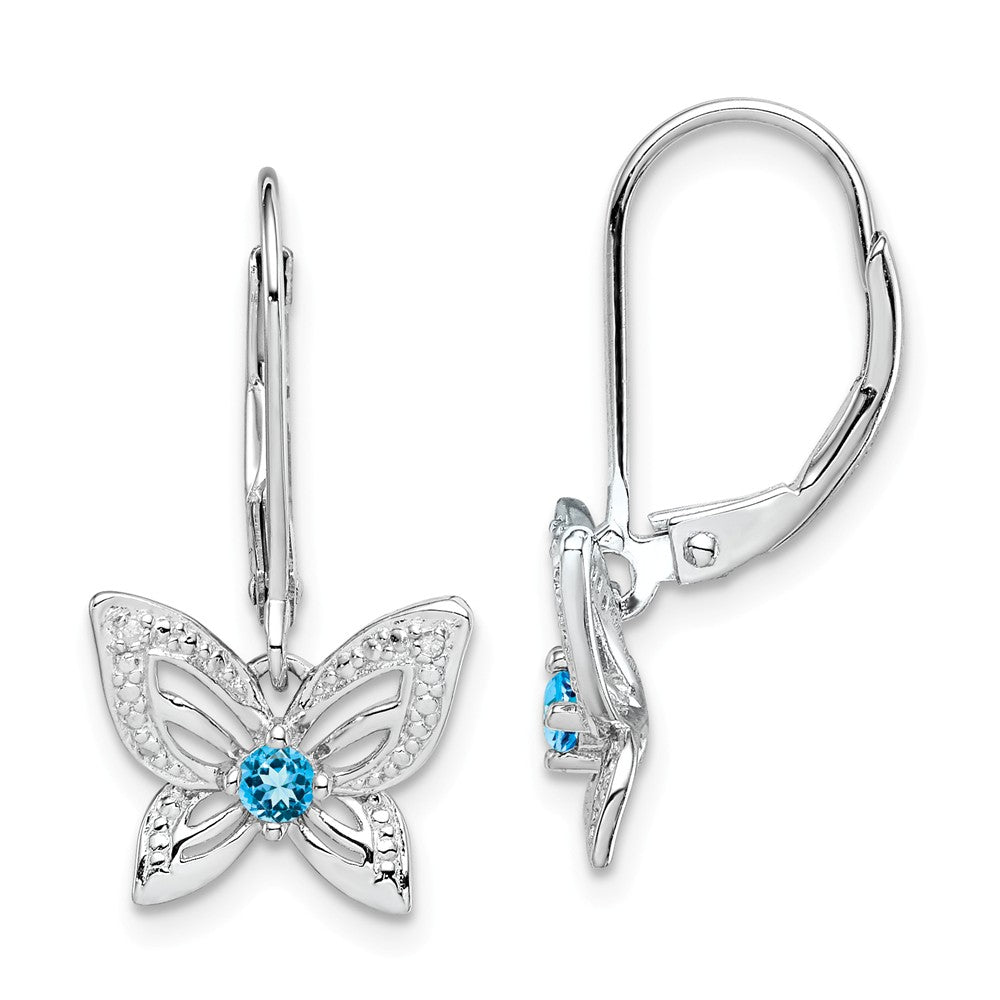 925 Sterling Silver Rhodium-plated Blue Topaz & Diamond Earrings, 15mm x 13mm