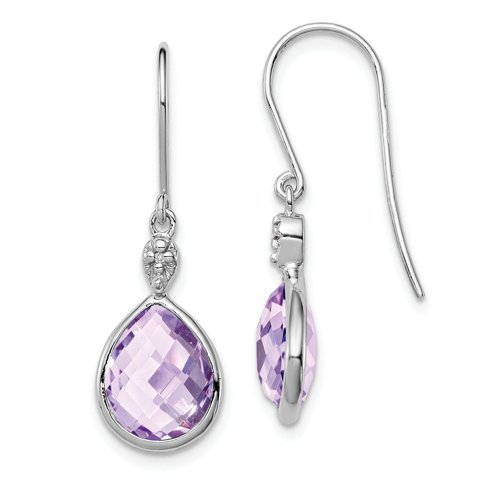 925 Sterling Silver Rhodium-Plated Diamond Pink Quartz Earrings, 29mm x 9mm