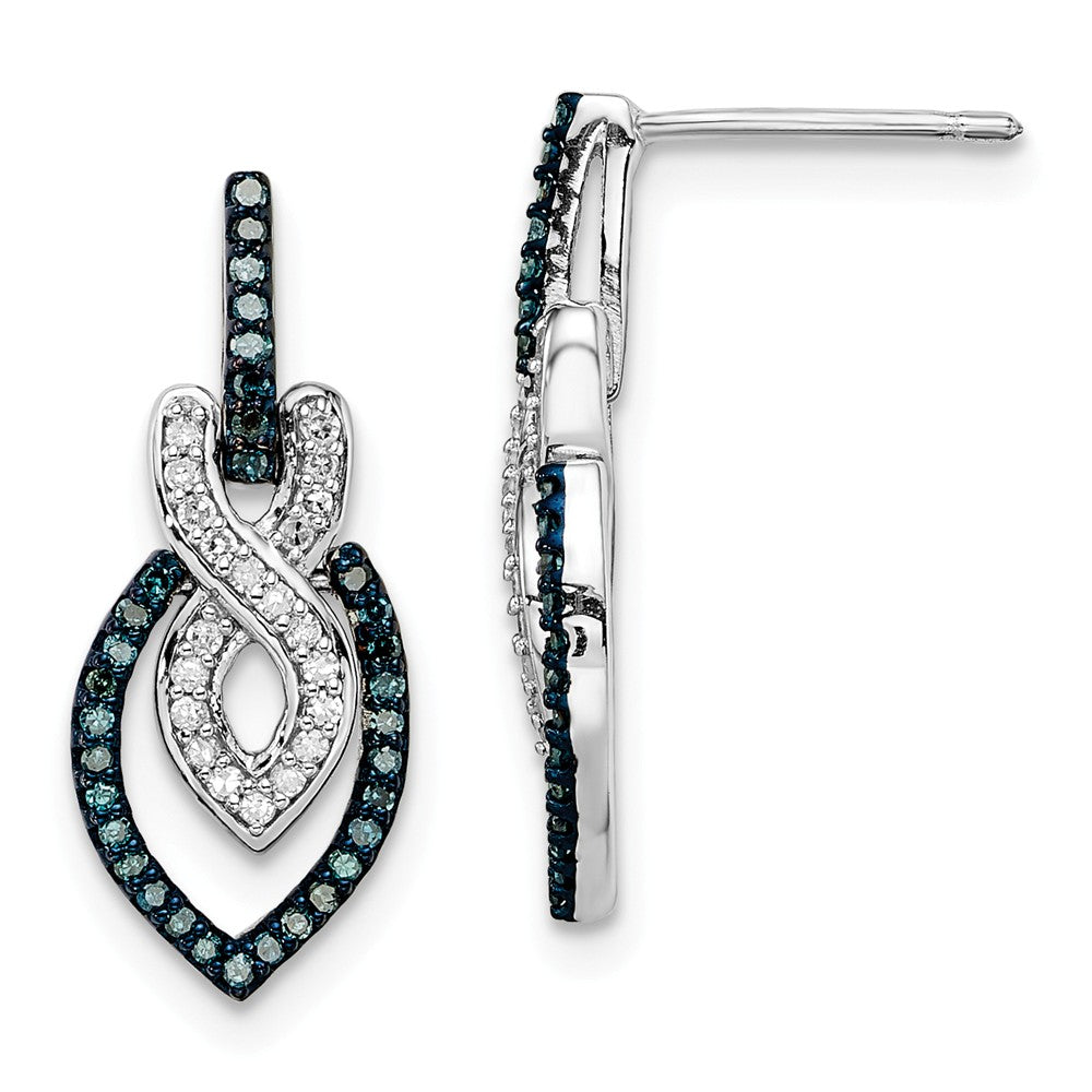 925 Sterling Silver Rhod Plated Blue and White Diamond Dangle Post Earrings, 21mm x 8mm