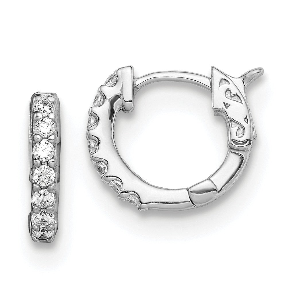 925 Sterling Silver Rhodium-Plated Cubic Zirconia ( CZ ) Small Hinged Hoop Earrings, 11mm x 12mm