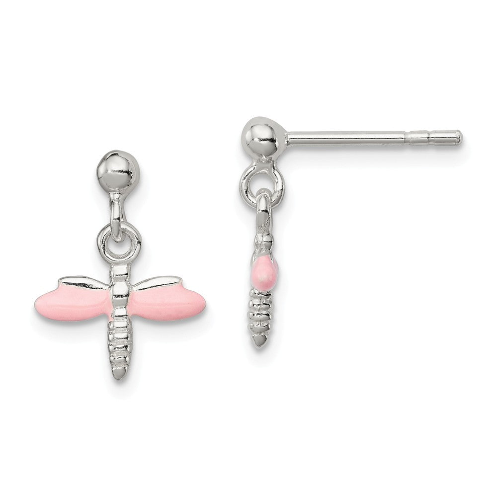 925 Sterling Silver Children's Enameled Dragonfly Post Dangle Earrings, 15mm x 12mm
