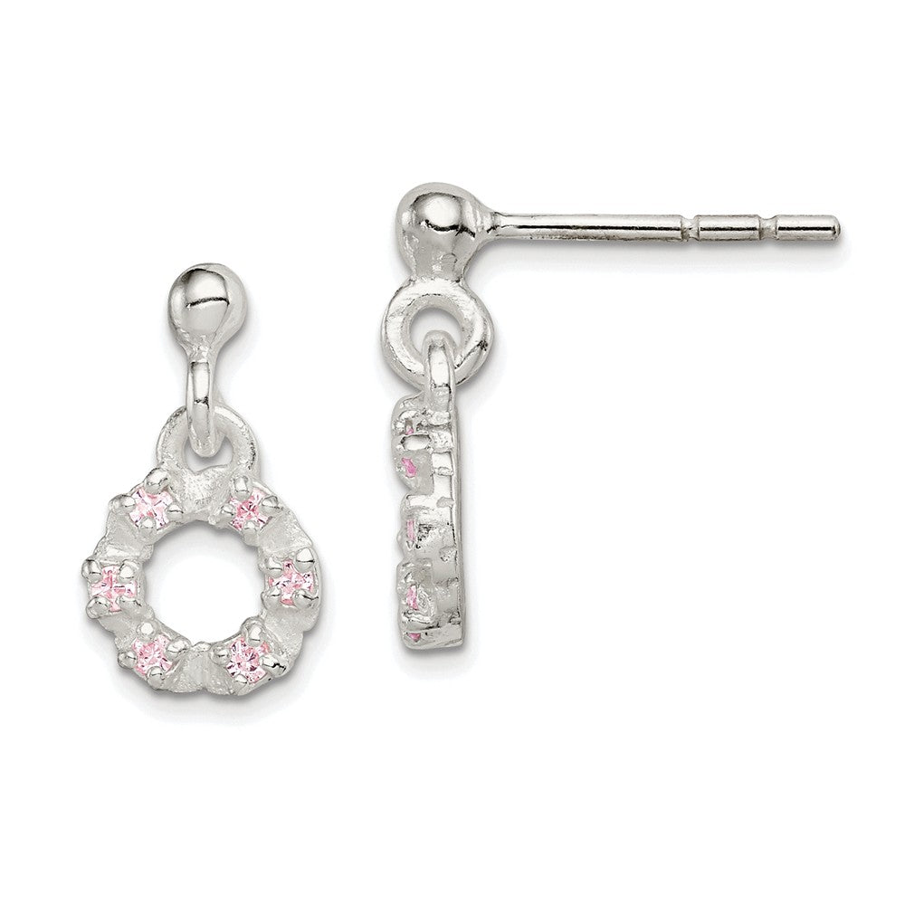 925 Sterling Silver Pink and White Cubic Zirconia ( CZ ) Circle Kid's Post Dangle Earrings, 12mm x 7mm