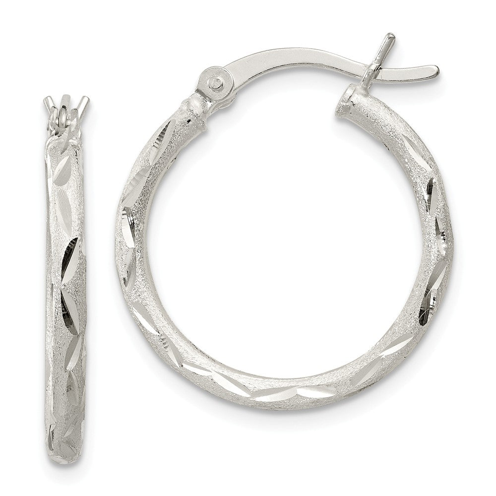 925 Sterling Silver Satin Finish Diamond-cut Hinged Hoop Earrings, 22mm x 22mm