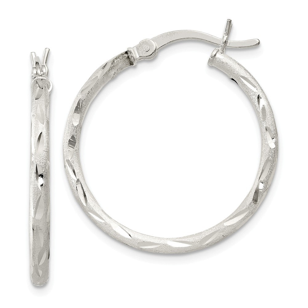 925 Sterling Silver Satin Finish Diamond-cut Hinged Hoop Earrings, 27mm x 27mm