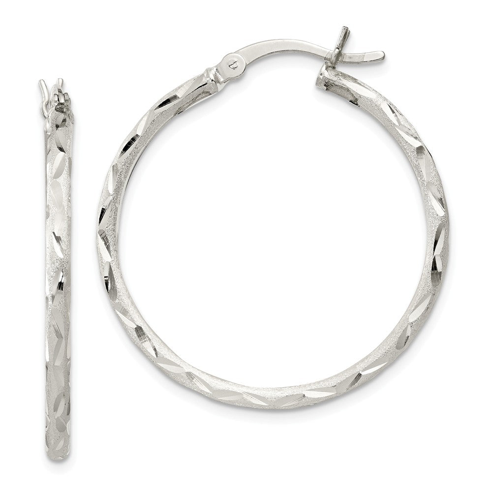 925 Sterling Silver Satin Finish Diamond-cut Hinged Hoop Earrings, 33mm x 33mm