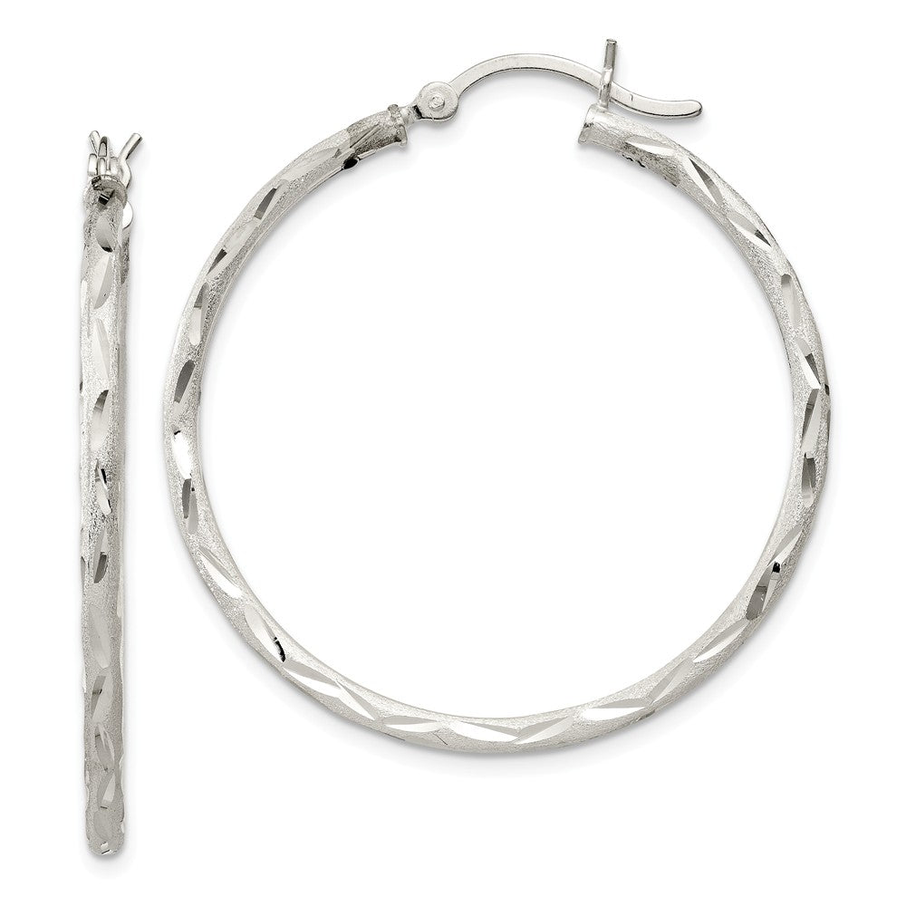 925 Sterling Silver Satin Finish Diamond-cut Hinged Hoop Earrings, 38mm x 38mm