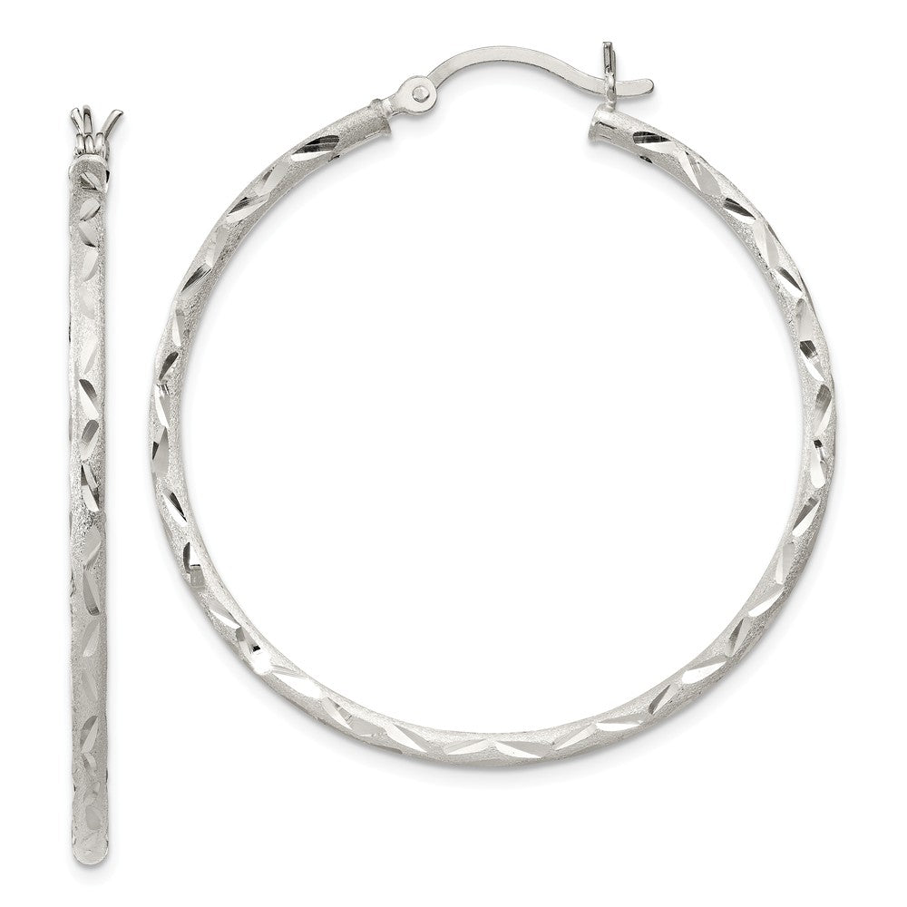 925 Sterling Silver Satin Finish Diamond-cut Hinged Hoop Earrings, 43mm x 43mm