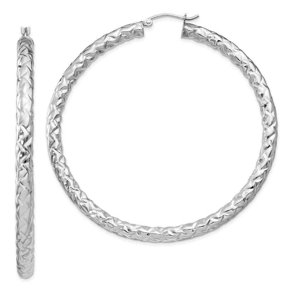 925 Sterling Silver Rhodium-plated Textured Hinged Hoop Earrings, 64mm x 64mm