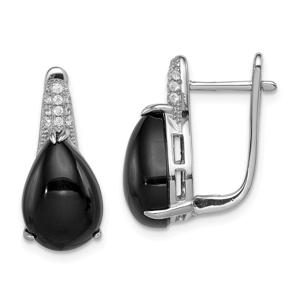 925 Sterling Silver Rhodium-plated Cubic Zirconia ( CZ ) & Onyx Hinged Hoop Earrings, 20mm x 10mm