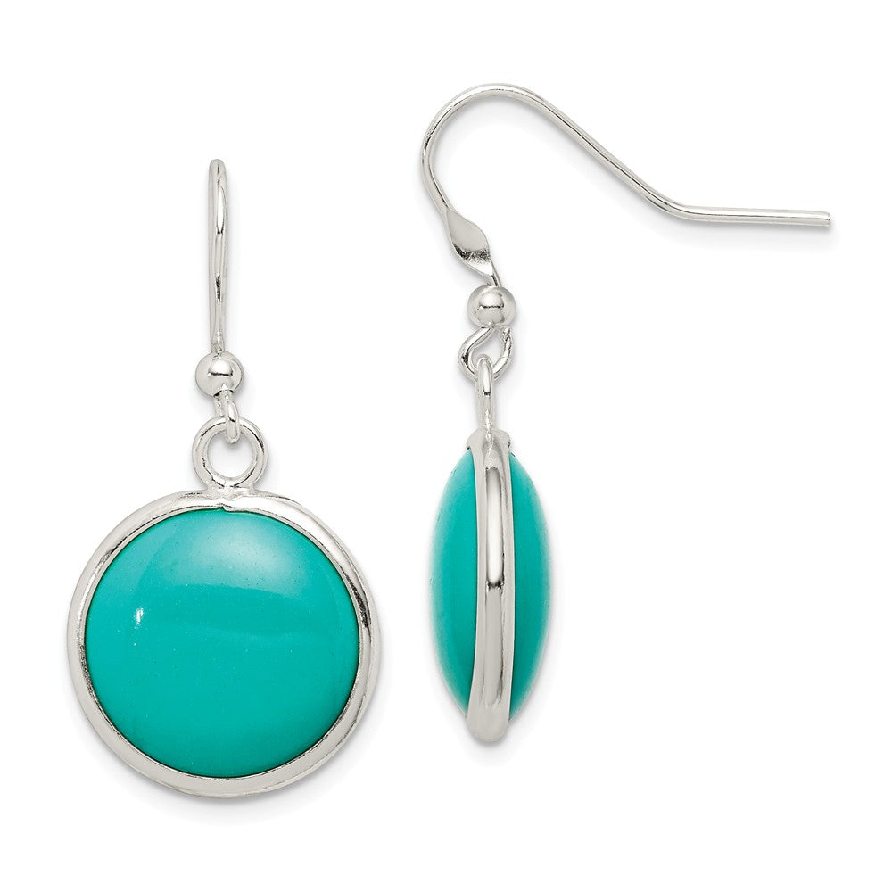 925 Sterling Silver Polished Synthetic Turquoise Shepherd Hook Earrings, 35mm x 17mm